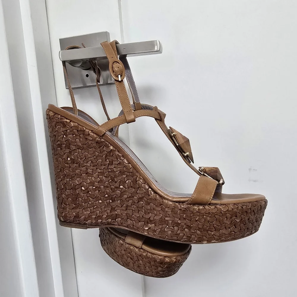 Anya Hindmarch Teak Woody Woven Leather Platform Wedge Sandal in Tan